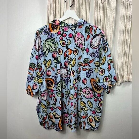 new Zara XS Button Down Causal Blouse Blue Fruit EXOTIC TROPICAL papaya avocado - Picture 3 of 3